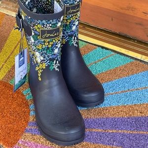 Joules Molly Mid Printed Rain Boots in Navy Ditsy- floral, blue, mid-height